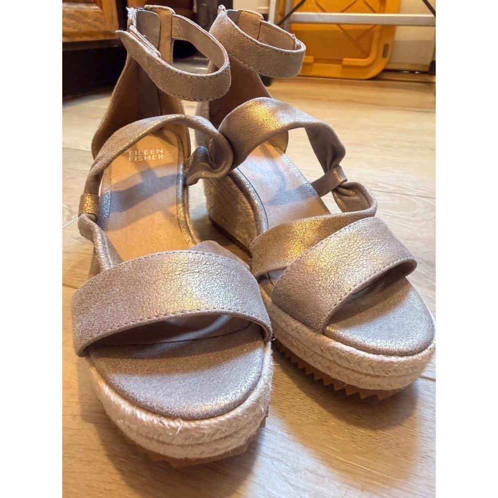 Eileen Fisher Willow Metallic Platinum Leather Espadrille Wedge Sandals size 6.5 - Picture 8 of 11